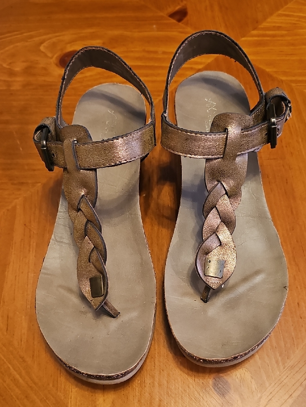 Women's Braided Metallic Bronze T-Strap Sandals with Adjustable Ankle Strap